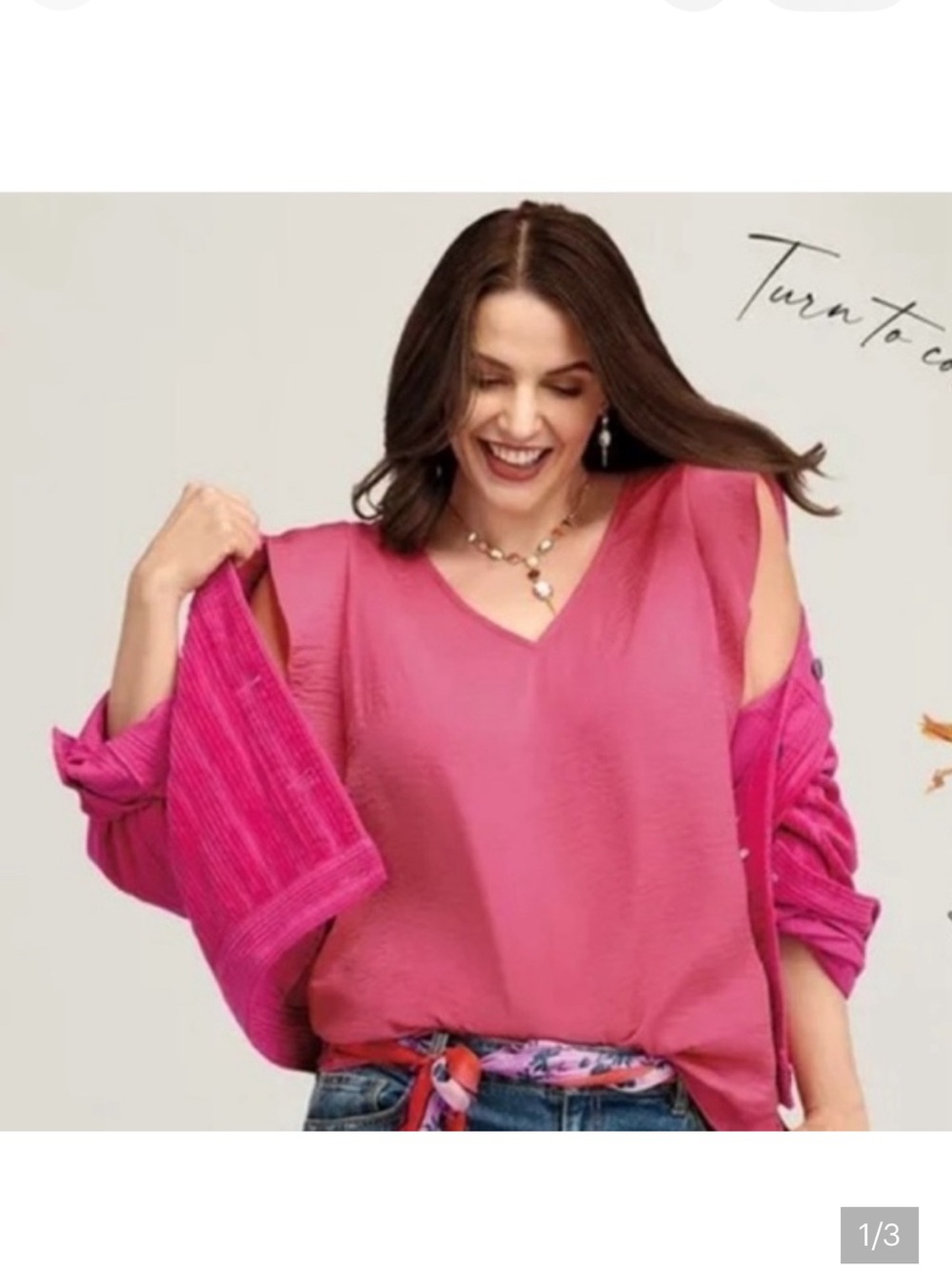 CAbi #4170 V-Neck Pink Ruffle Sleeve Rose Top